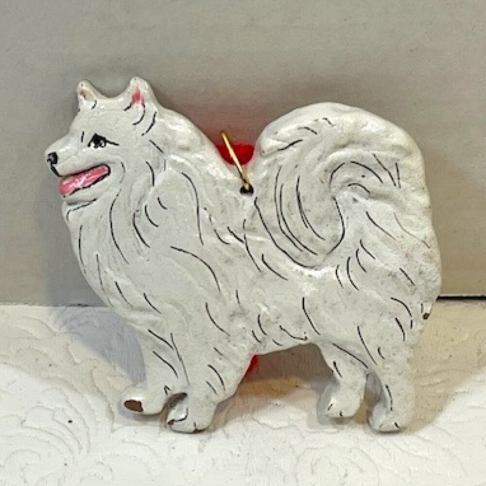 American Eskimo Dog Christmas Tree Ornament White Hand Painted 2.5"x3"